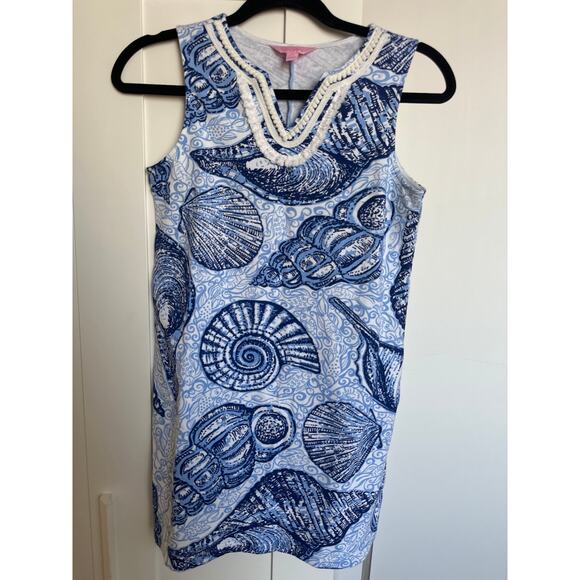 Lilly Pulitzer Girls Mini Harper Shift Dress Blue Seashell Print, Size XL, EUC - Picture 1 of 6